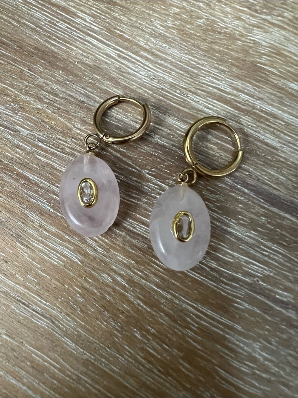 Gold Hoop Earrings with Pink Rose Quartz Drops